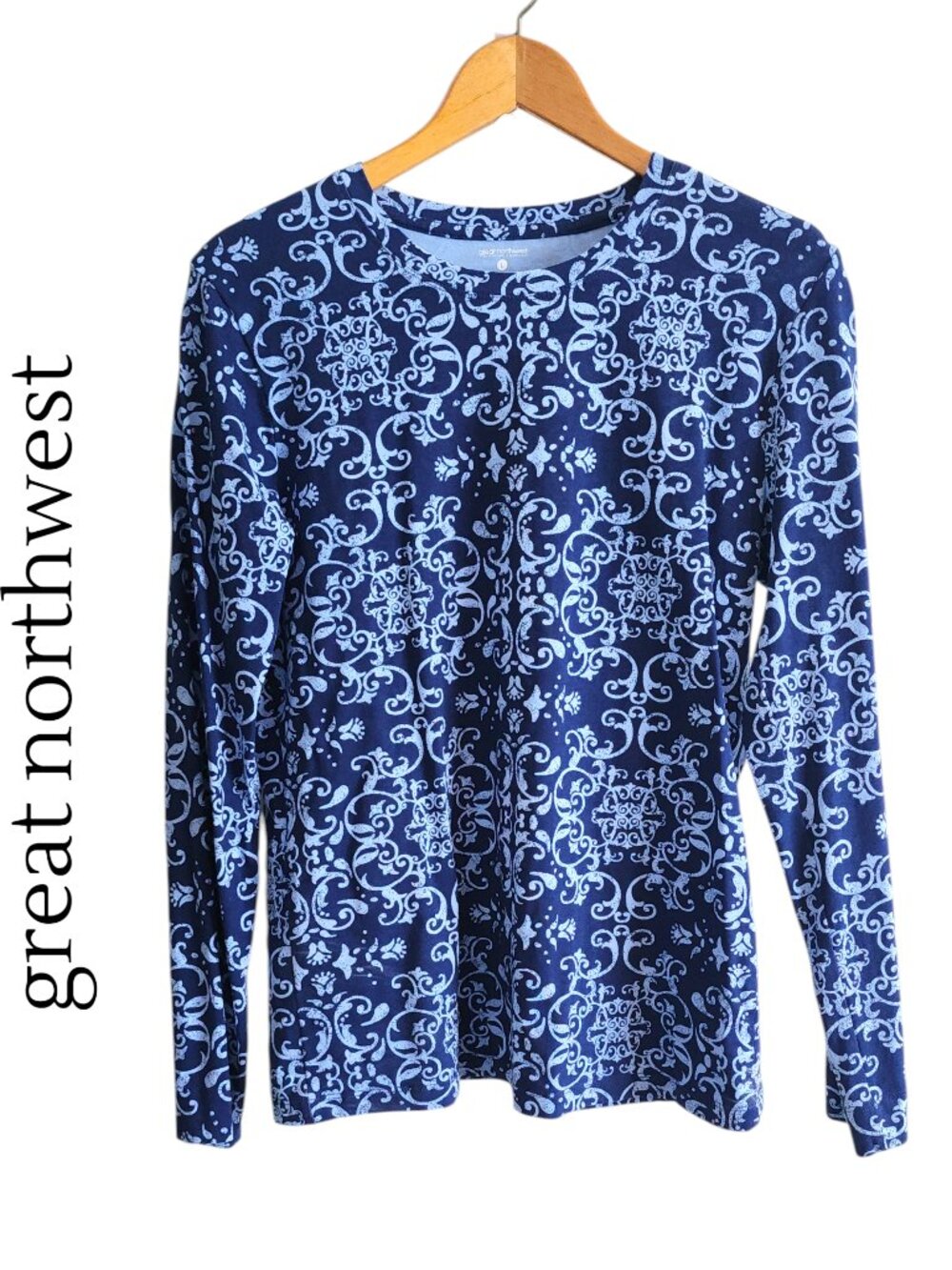 Great Northwest L Long Sleeve Knit Cotton Blouse Top Blue Patterned